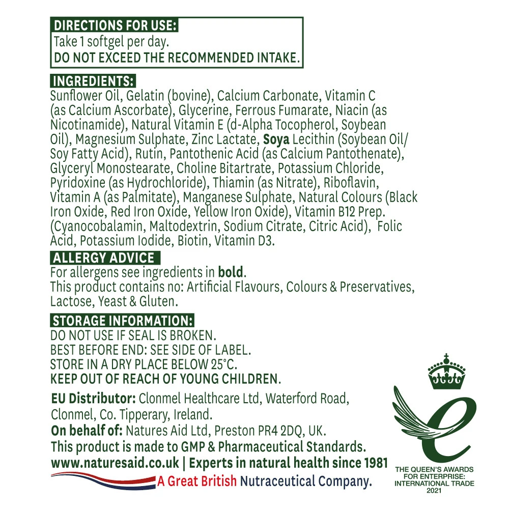 Natures Aid – Multi-vitaminai ir mineralai su geležimi – 90 softgelių - Image 2