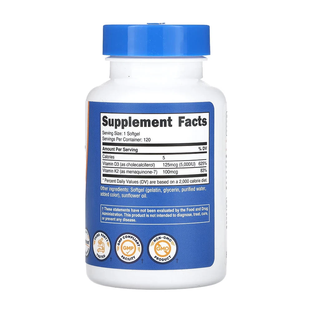 Nutricost – Vitamin K2 (MK7) 100 mcg + D3 vitamino 5000 IU, 120 softgelių - Image 4