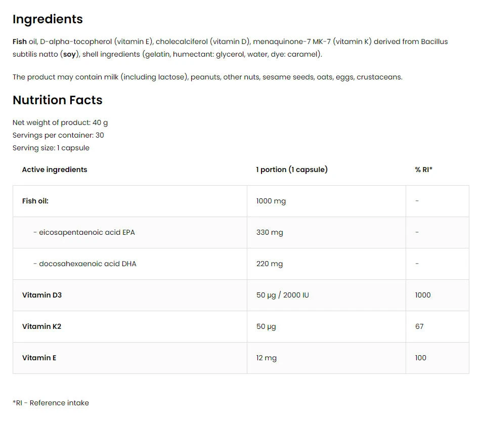 OstroVit – Pharma Elite Omega 3 D3 + K2 – 30 kapsulių - Billede 2