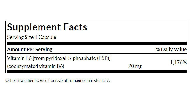 P-5-P (pyridoksal-5-fosfatas) koenzimuotas vitaminas B6 – 20 mg – 60 kapsulių - Billede 2