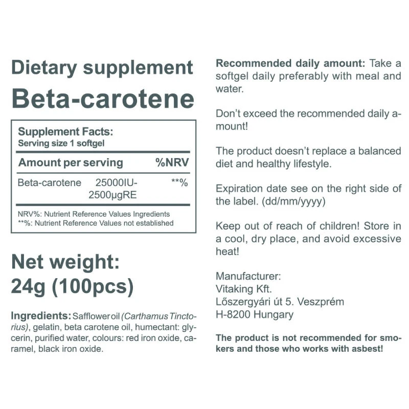 Vitaking – Beta-Carotin provitaminas A 25.000 IU (100 blizgių kapsulių) - Image 3