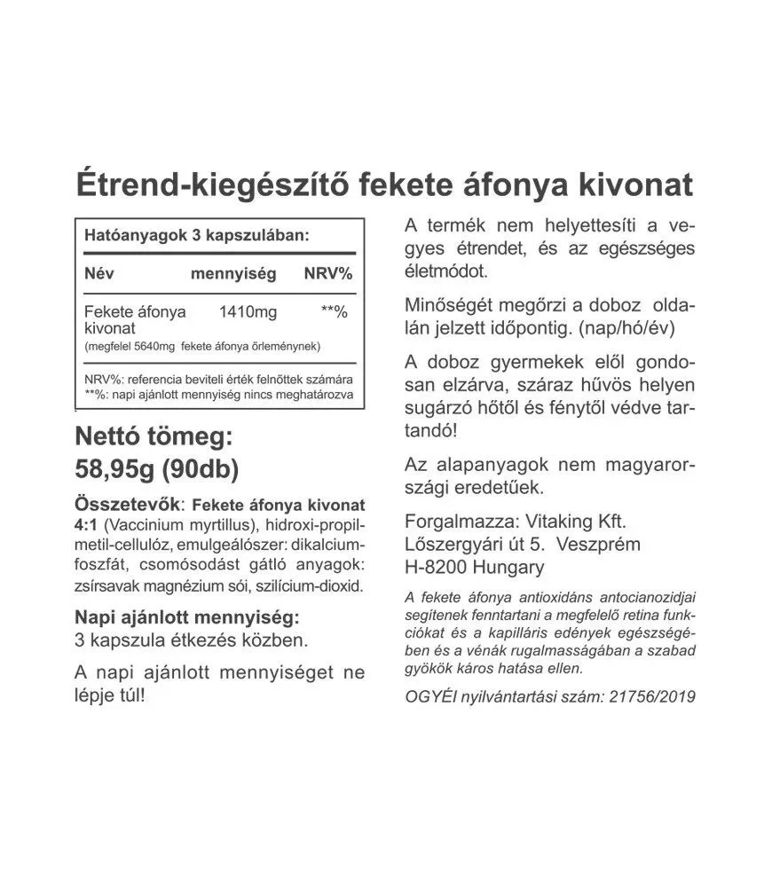 Vitaking – Mėlynių ekstraktas 470 mg (90 kapsulių) - Billede 2