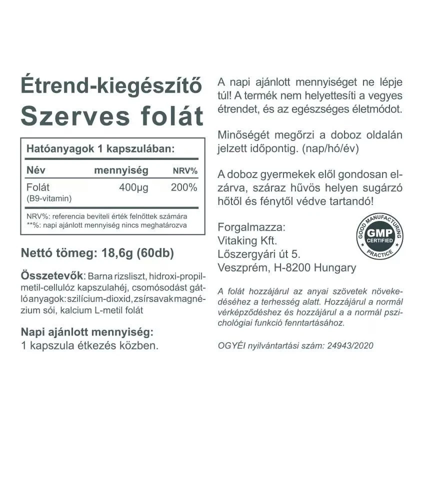Vitaking – Folate Vitamin B9 – 60 kapsulių - Billede 2