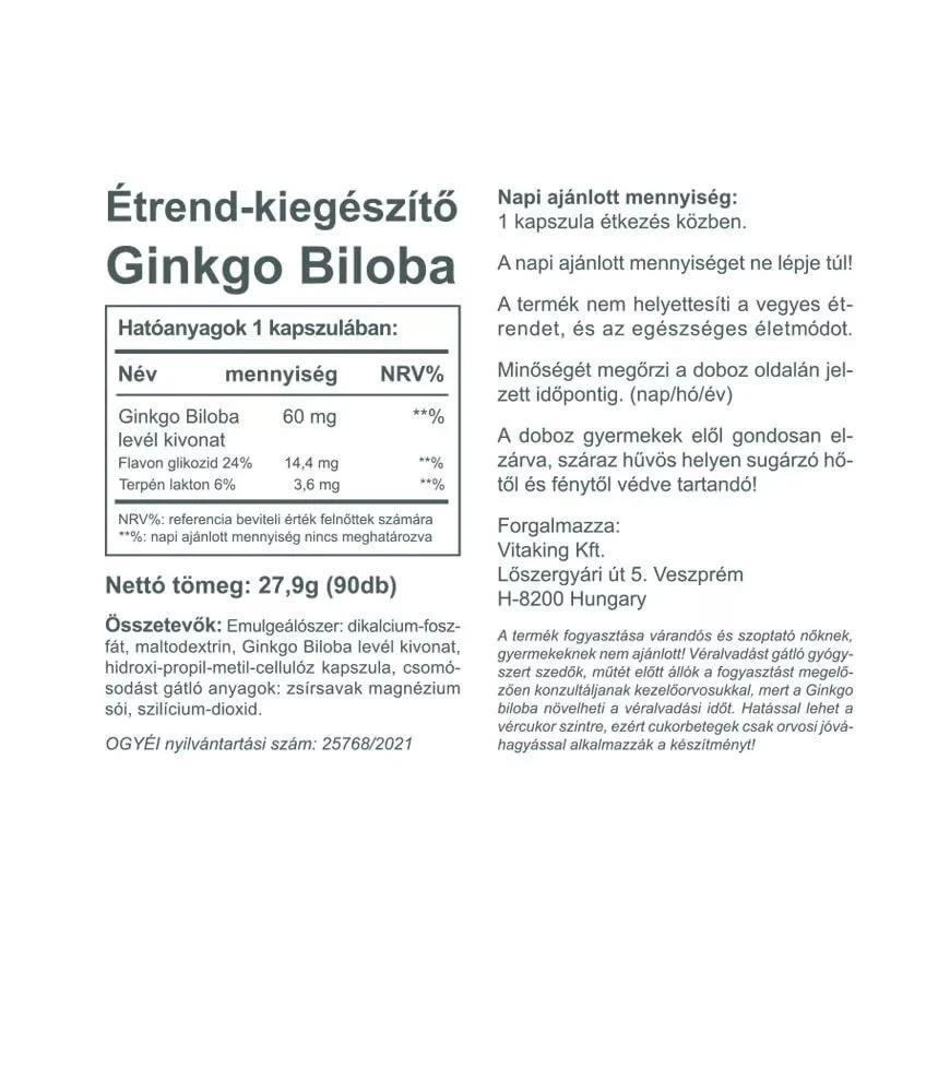 Vitaking – Ginkgo biloba lapų ekstraktas 60mg (90 kapsulių) - Billede 2
