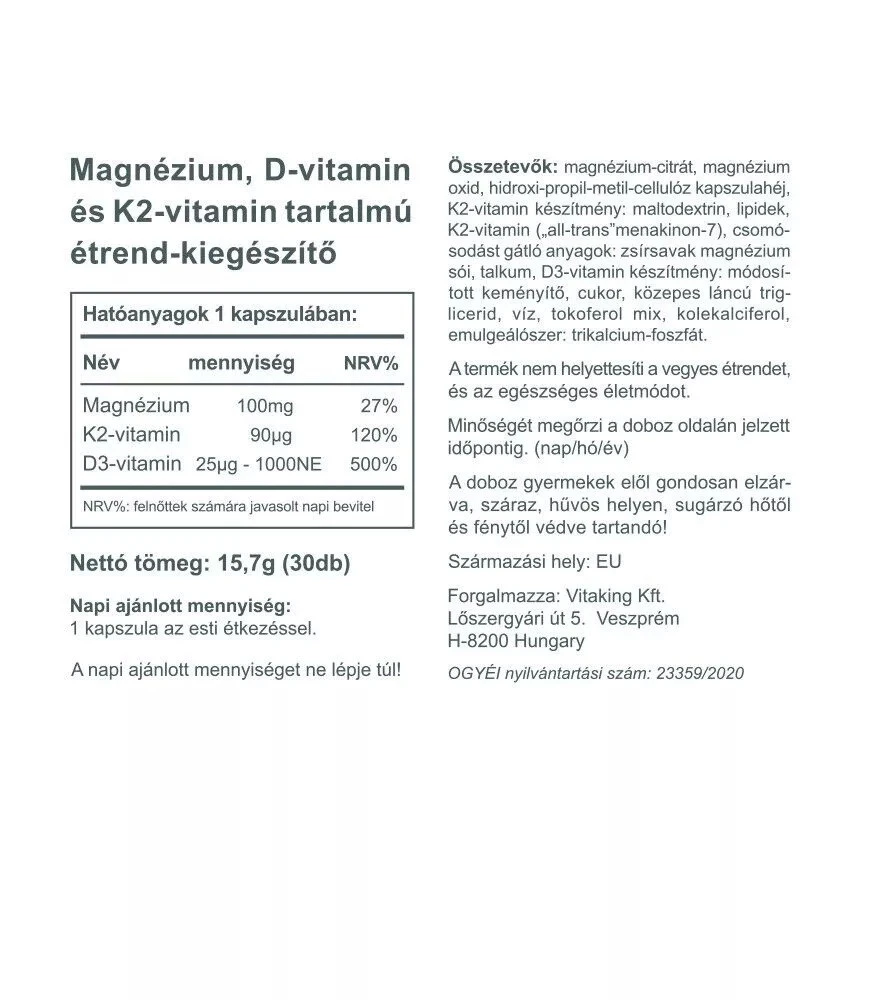 Vitaking – MagneTrio D3+K2+ magnezijus bisglicinatas – 30 kapsulių - Image 2